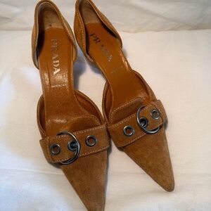 Vintage Prada S/S 2002 Brown Suede Buckle Kitten Heels Size 39